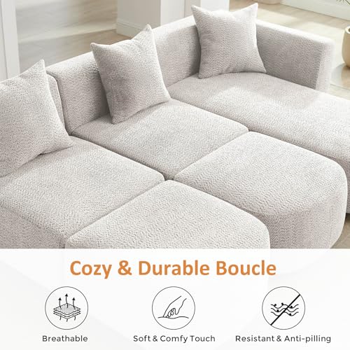 109.84" Modular Sectional Sofa with 3 Pillows, Convertible 5-Seater Comfy Boucle Cloud Couch with Ottoman, Modern Sectional Sofas for Living Room, Office, Apartment (Camel)