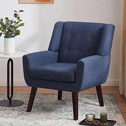 Accent Chair Living Room Chair, Upholstered Button Tufted Armchair, Linen Fabric Sofa Chairs for Bedroom, Living Room, Mid Century Modern Comfy Reading Chair (Dark Blue)