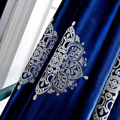 Blackout Curtains 84 Inches Long for Bedroom, White Flowers Embroidered Room Darkening Window Drapes for Living Room, 52x84, 2 Panels, Dark Blue