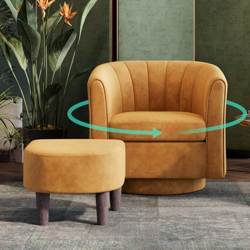 Swivel Accent Chair Ottoman Set: Velvet Small Barrel Chair with Foot Rest, Modern Reading Chair Upholstered Armchair with Footrest for Living Room Bedroom Study Room Office (Yellow)
