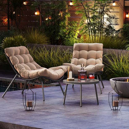 3 Pieces Patio Furniture Set, Outdoor Rattan Wicker Bistro Conversation Set with Cushioned Papasan Chairs and Tempered Glass Coffee Table for Porch, Balcony, Deck and Garden