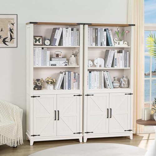 5 Tier Bookshelf 70in Tall Bookcase with Barn Doors and Storage Cabinet, view 4