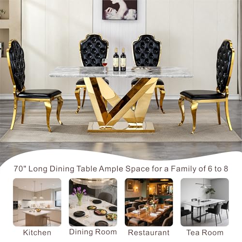 Marble Dining Table for 6 People, 70'' Rectangle Faux Marble Dining Table with Mirrored Stainless Steel Base, Large Size Marble Kitchen Table (Gold,Gray)(ONLY Table)