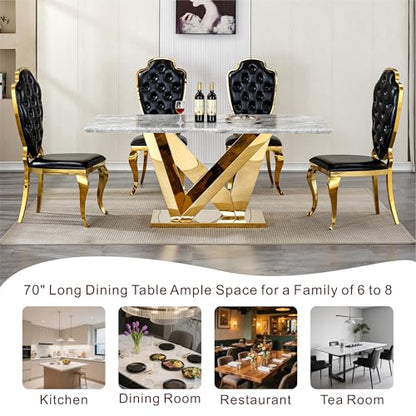 Marble Dining Table for 6 People, 70'' Rectangle Faux Marble Dining Table with Mirrored Stainless Steel Base, Large Size Marble Kitchen Table (Gold,Gray)(ONLY Table)