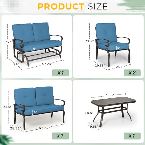 5 Pcs(6 Seats) Outdoor Metal Furniture Sets Wrought Iron Patio Conversation Sets, (Glider, 2 Single Chairs, Loveseat, and Coffee Table) with Cushion (Peacock Blue)