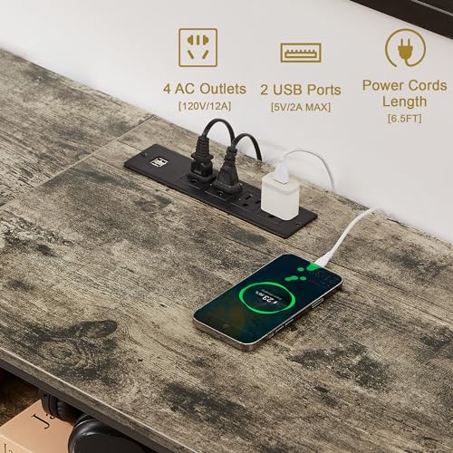 TV Stand with Power Outlets for 65 Inch Industria Media Entertainment Center with Charging Station, 3-Tier Open Shelves & Metal Frame for Living Room, Bedroom, 55 Inch, Grey