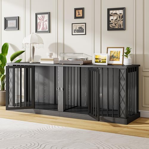 86.6" Wooden Double Dog Crate Furniture for 2 Large Dogs, Black, view 7