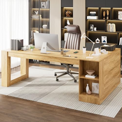 86" L Shaped Executive Desk with Drawers, Extra Large Modern Office Desk with File Cabinet, Big Computer Desk with Power Outlet for Home Office, Walnut