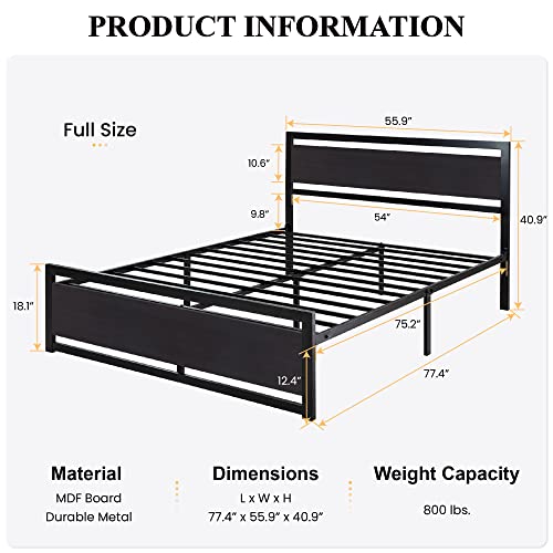 Heavy Duty Full Size Bed Frame with Modern Headboard, Black, view 3