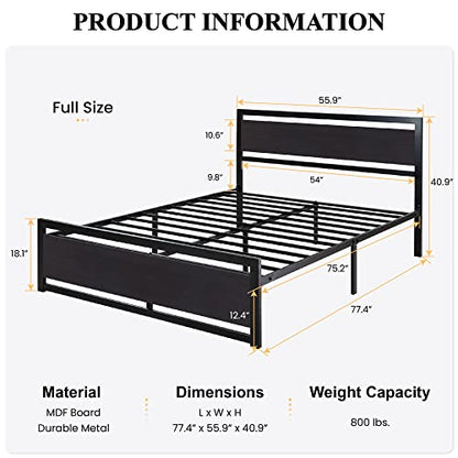 Heavy Duty Full Size Bed Frame with Modern Headboard, Black, view 3