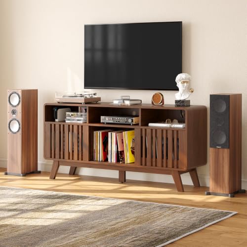 59"Large Vinyl Record Cabinet with Built-in Charging Station, Walnut, view 4