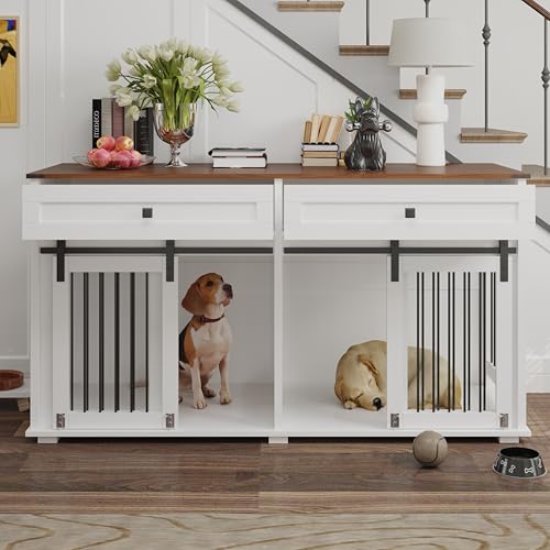 63" Large Furniture Style Dog Crate, Wooden Dog Kennel with 2 Drawers, view 2
