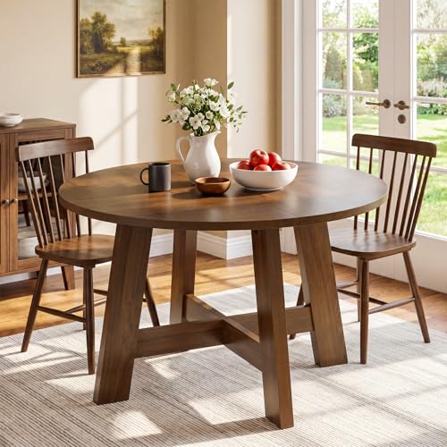 Tribesigns Round Dining Table for for 4-6 People, 47-Inch Circle Kitchen Table with Reinforced Cross Brace, Farmhouse Dining Room Furniture for Living Room, Apartment, Restaurant, Walnut Brown