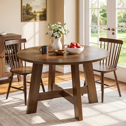 Tribesigns Round Dining Table for for 4-6 People, 47-Inch Circle Kitchen Table with Reinforced Cross Brace, Farmhouse Dining Room Furniture for Living Room, Apartment, Restaurant, Walnut Brown