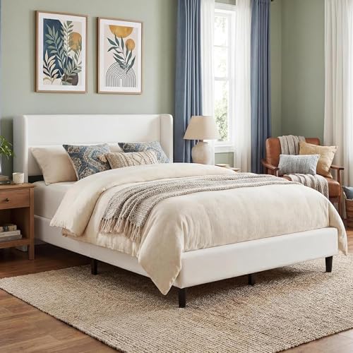 Full Bed Frame with Wingback Headboard, Velvet Upholstered, view 2