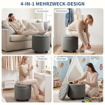 Modern Round Storage Ottoman, Upholstered Button Tufted Ottoman Footstool Ottomans with Removable Lid Storage Footstool for Living Room, Bedroom, Makeup Room, Teddy, Grey