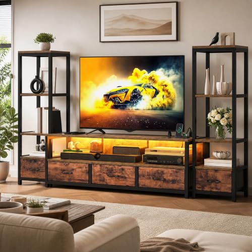 Rustic Brown TV Stand, 89.2" Wide, 5 Drawers, 2 Bookshelves, view 2