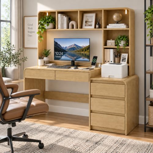 55" Computer Desk with Hutch, File Cabinet, Power Outlets & LED Lights, view 8