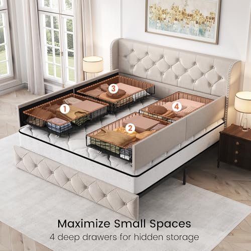 Queen Size Bed Frame with 4 Storage Drawers and 47.2" Tall Tufted Headboard, view 6