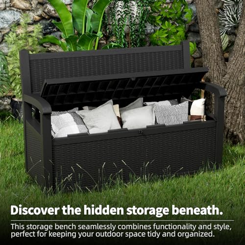 80 Gallon Outdoor Storage Bench, Lockable All-Weather Resin Seating with Hidden Storage Deck Box, Waterproof Patio Furniture for Pool Garden (Black)