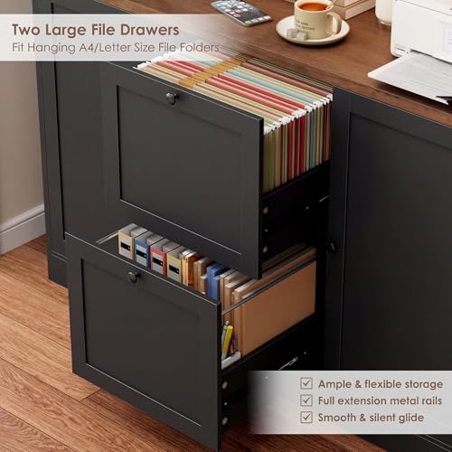 72'' Tall File Bookcase with Power Outlet & Printer Stand, 2 Drawer Filing Cabinets for Home Office Fit Hanging A4 File, Storage Cabinet w/ 3 Tier Open Book Shelf & Doors for Living Room, Black