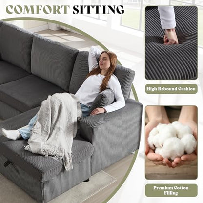 129 Inch Sectional Couches for Living Room,Sectional Sofa with Storage & Ottoman,Modular Sectional Couch Converts to Sleeper,Cloud Couch Sectional for Large Space with Corduroy,Grey