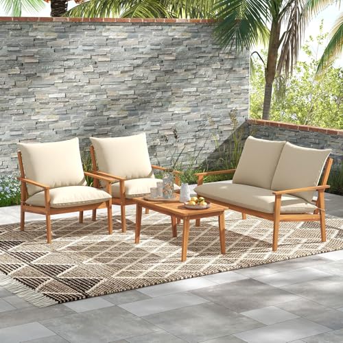 4 Pieces Patio Furniture Set, Outdoor Acacia Wood Conversation Set with Soft Cushions and Coffee Table, Outdoor Sectional Sofa Set for Lawn, Garden, Backyard and Poolside (1, Natural)
