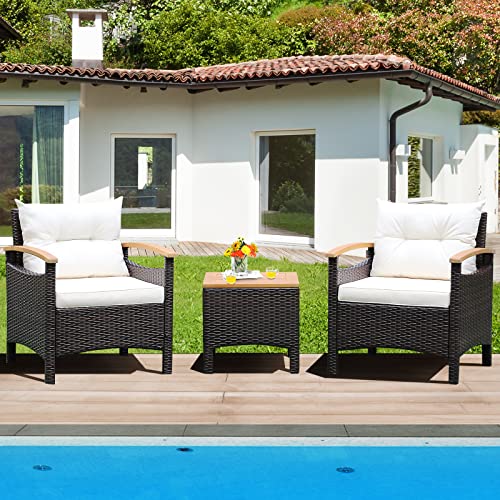 3-Piece Patio Furniture Set, Patiojoy Outdoor Rattan Sofa Set with Coffee Table, Patio Conversation Set with Removable Cushion, Cozy Acacia Wood Armrests for Backyard, Poolside (Off White)