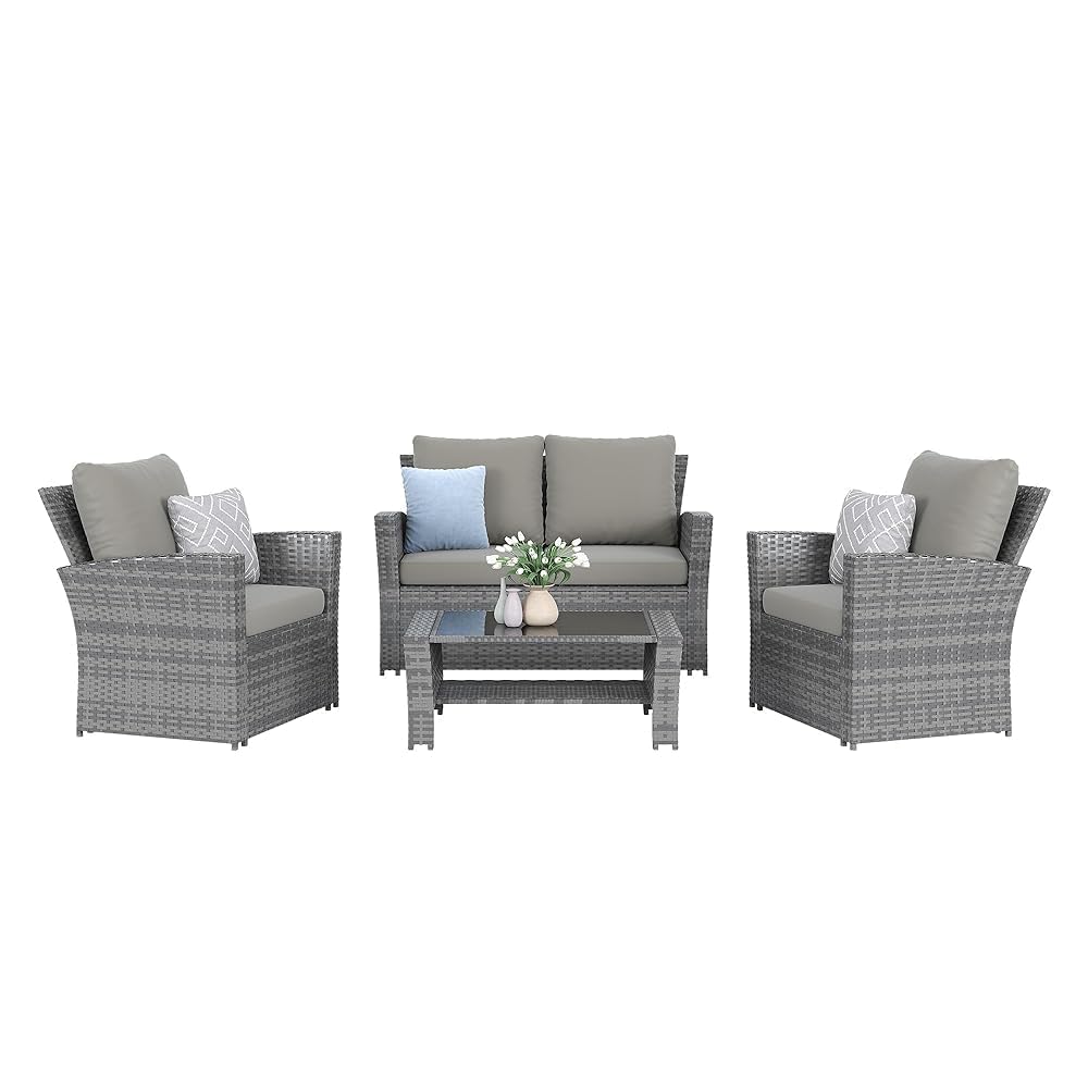 4-Piece Grey Waterproof PE Wicker Outdoor Sectional Sofa Set with Grey Cushions,All-Weather Patio Furniture for Balcony, Porch, Garden - UV-Resistant & Space-Saving Design
