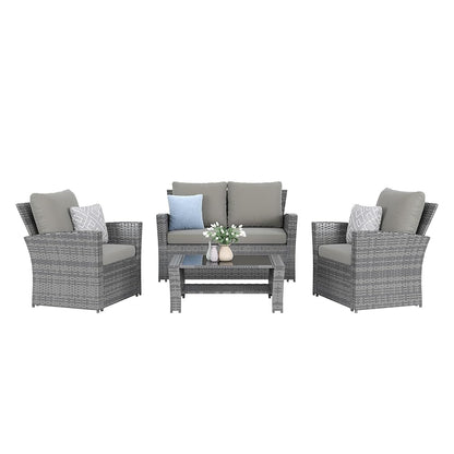 4-Piece Grey Waterproof PE Wicker Outdoor Sectional Sofa Set with Grey Cushions,All-Weather Patio Furniture for Balcony, Porch, Garden - UV-Resistant & Space-Saving Design