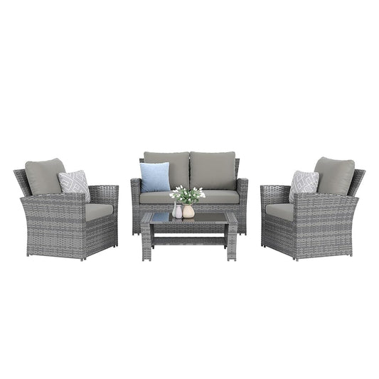 4-Piece Grey Waterproof PE Wicker Outdoor Sectional Sofa Set with Grey Cushions,All-Weather Patio Furniture for Balcony, Porch, Garden - UV-Resistant & Space-Saving Design