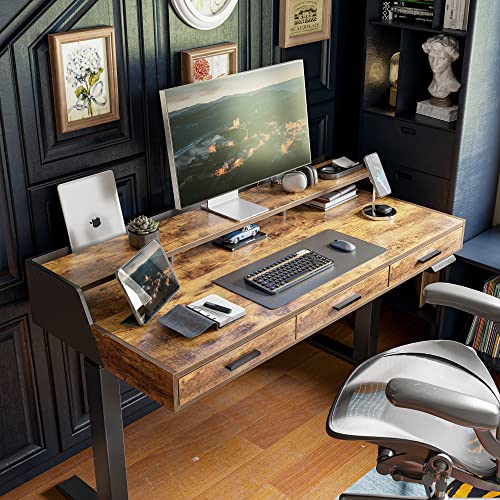 Standing Desk 48x26 Inches with 3 Wood Drawers and Monitor Shelf, Ergonomic Rising Home Office Desks, Height Adjustable Computer Desk, Sit Stand Up Electric Workstation Table, Brown