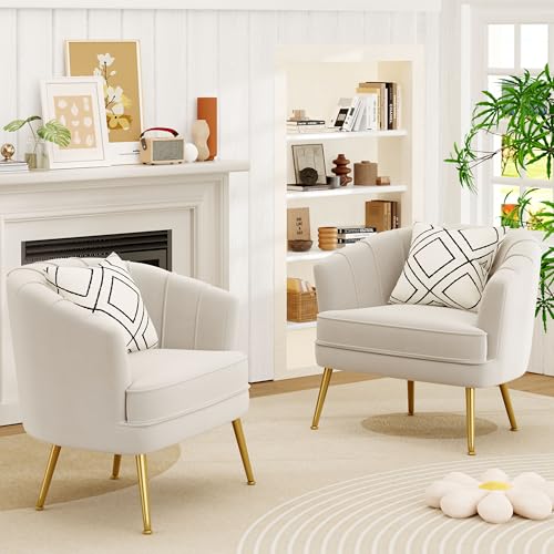 Velvet Accent Chair, Upholstered Modern Single Sofa Side Chair,Comfy Barrel Club Living Room Armchair with Golden Metal Legs for Bedroom Living Reading Room Office, Beige