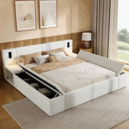 Queen Size Teddy Fleece Platform Bed, Hidden Storage & Built-In Nightstands