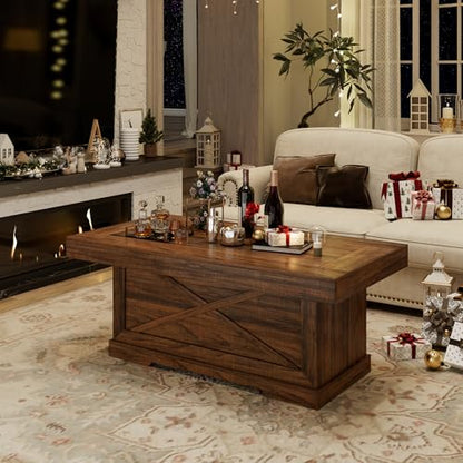 39 in Rustic Coffee Table for Living Room with X-Design, Rectangle | Farmhouse Center Table Wooden Pedestal, Space Saving, Home Office Tea Accent Table Dining Room Apartment, Walnut