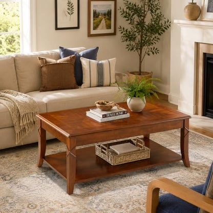 Solid Wood Coffee Table with Storage Shelf, Mid Century Modern Rectangle Coffee Table for Living Room, Large Countertop Center Table, Cherry Walnut KFZ-DR200
