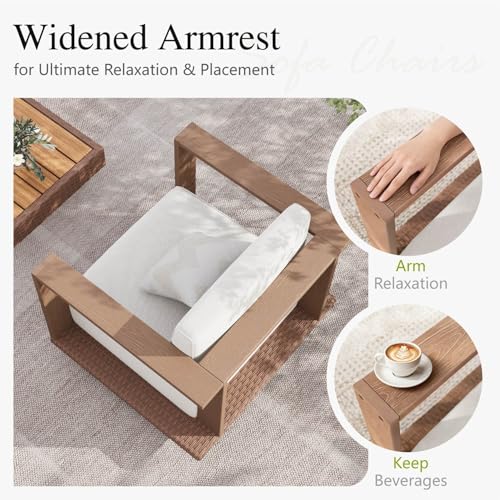 HDPE Patio Furniture Set, Modern Outdoor Sectional Sofa Set with 9.8" Cushions and 43.5" Wood Grain Coffee Table, Deep Seating Outdoor Conversation Set for Backyard(Beige, 5 Pieces)