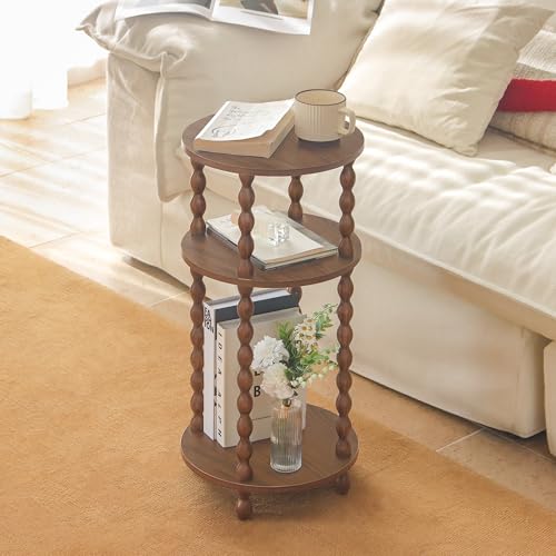 Small Round End Table, Round Side Table with 3-Tier Open Shelf for Small Spaces, Wood Accent Table Nightstand for Bedroom, Living Room, Office, Walnut Brown