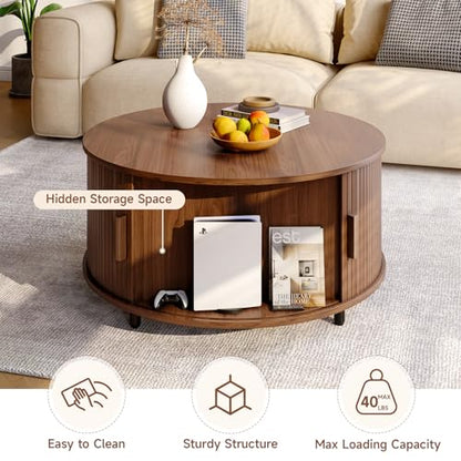 Round Coffee Table with Storage, 31.5" Modern Coffee Table with 360° Curved Sliding Door, Fluted Wood Accent Coffee Table with Adjustable Footpads, Round Center Table for Living Room, Walnut
