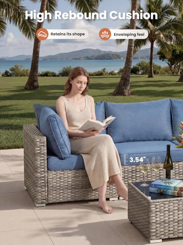 11 Piece Outdoor Patio Furniture Set with Fire Pit Table,Conversation Sectional Wicker Couch with Swivel Chairs,Modern Outside Sofa for Balcony Backyard, Blue