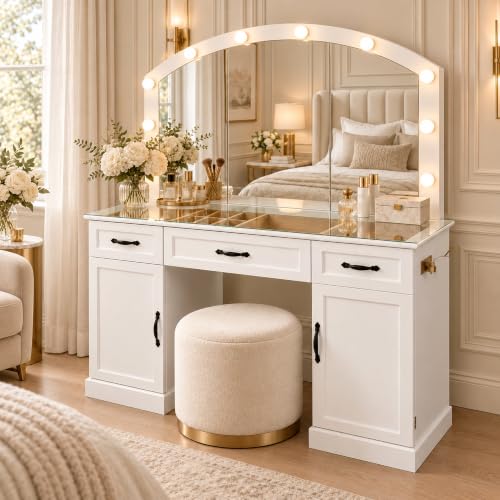 Large Vanity Desk with Mirror and Lights, 55" Makeup Vanity Table with Glass Top, view 2