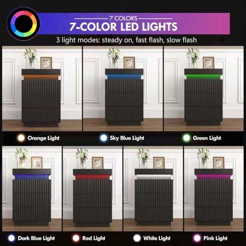(Set of 2) End Table with Fast USB C Charging Station, Sofa Side Table with 2 Drawers and LED Lights, Large Storage Modern Wood Storage Cabinet for Living Room,Bedroom,Office, Black