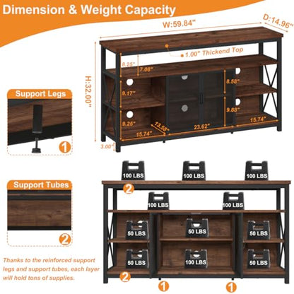 Tall TV Stand for TVs up to 65 Inch, Industrial Wood Entertainment Center with Storage Cabinet, Farmhouse TV Media Console for Living Room and Bedroom (32 Inch High, Rustic Oak)