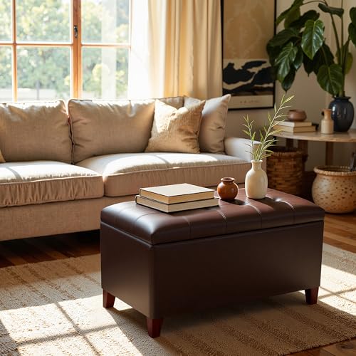 Storage Ottoman Bench, 33 Inches Faux Leather Rectangle Tufted Foot Stool for End Foot of Bed, Bedroom, Living Room, Brown
