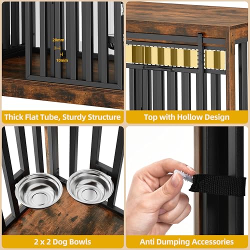 86.6" Double Dog Crate Furniture with 4 Dog Bowls, view 6