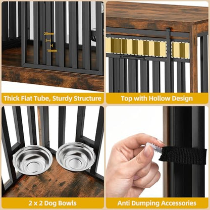 86.6" Double Dog Crate Furniture with 4 Dog Bowls, view 6