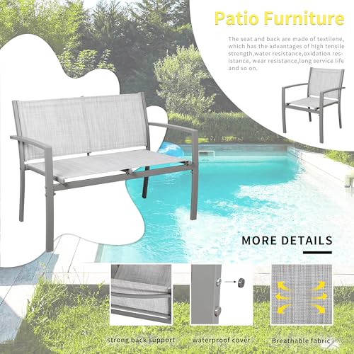 4 Pieces Patio Furniture Set All Weather Textile Fabric Outdoor Conversation Set, with Glass Coffee Table, Loveseat, 2 Single Chairs for Home, Garden, Lawn, Porch（Silver）