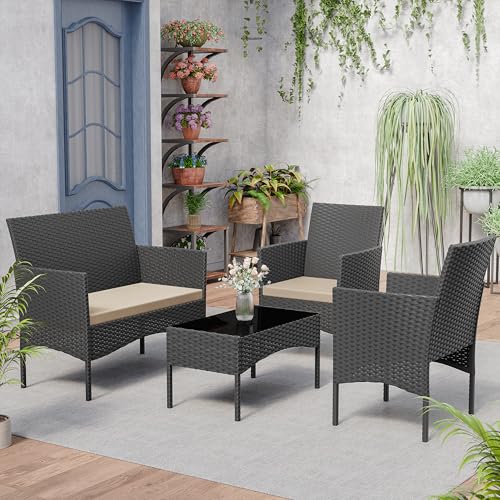 Patio Furniture Set 4 Pieces Outdoor Wicker Rattan Chairs Conversation Sets w/Coffee Table, Rocking Bistro Set, for Deck,Patio,Backyard,Lawn (Sand)