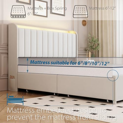 Upholstered beige bed frame with drawers and lights, easy assembly, view 7