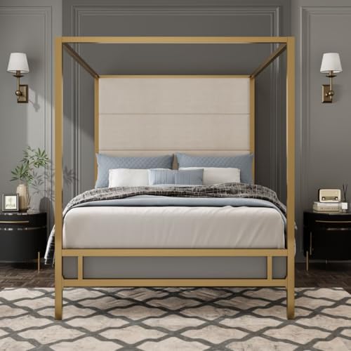 JIJIWANG Queen Size Canopy Bed Frame with Linen Headboard & 4-Poster, Gold, view 5